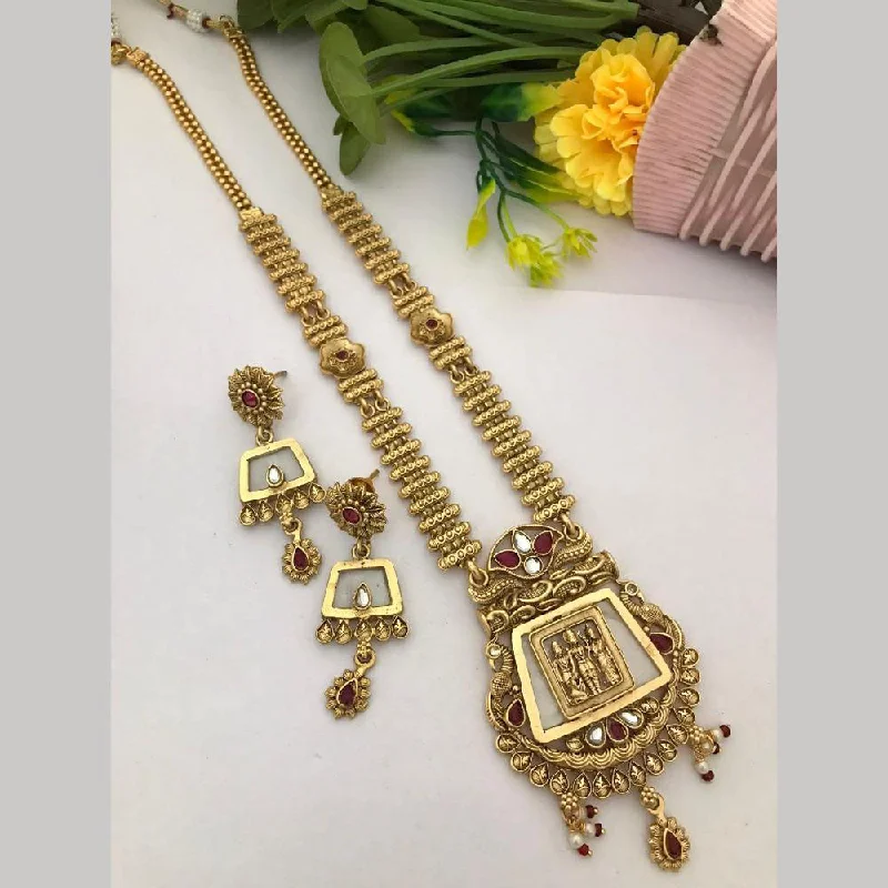 rose gold necklaces for women -FS Collection Gold Plated Pota Stone Temple Long Necklace Set