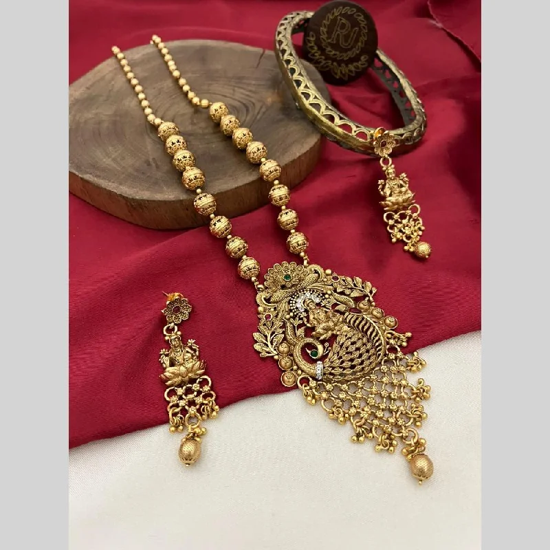 colorful beaded necklaces for women -FS Collection Gold Plated Pota Stone And Pearls Temple Long Necklace Set