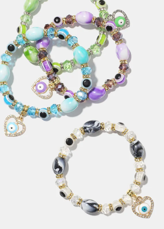 romantic bracelets for women -Light Color Bead Bracelet with Heart & evil Eye