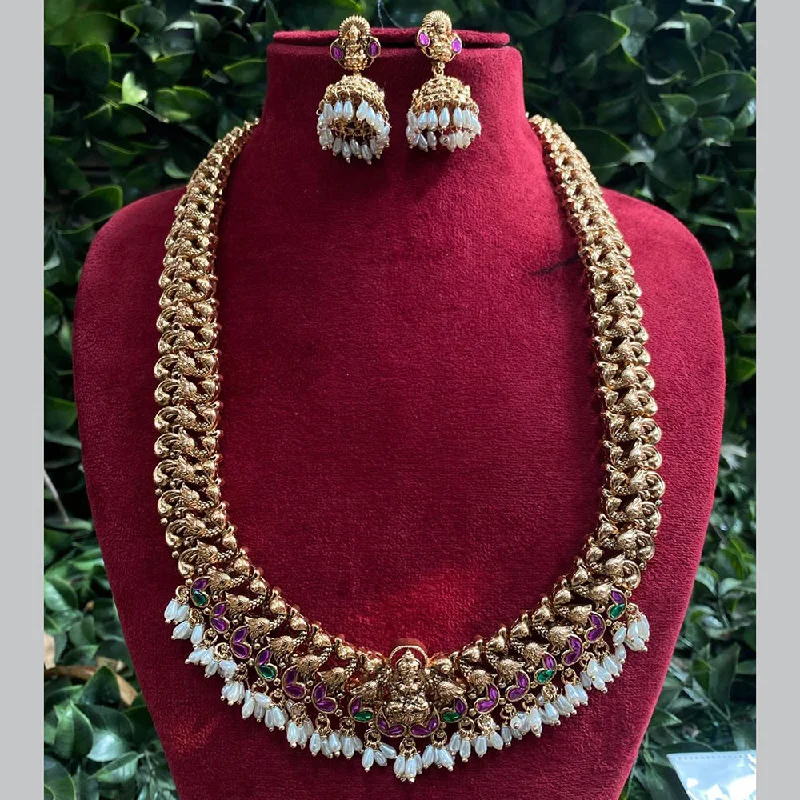 vintage necklaces for women -Royal Kundan Jewellery Gold Plated Pota Stone And Temple Long Necklace Set