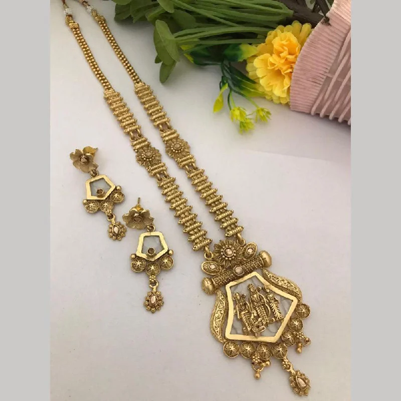 silver necklaces for women -FS Collection Gold Plated Pota Stone Temple Long Necklace Set