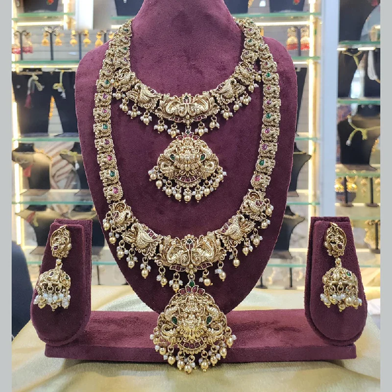 anniversary necklaces for women -Manisha Jewellery Gold Plated Pota Stone And Pearls Temple Double Necklace Set