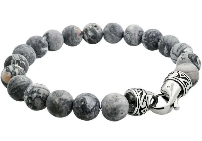 cross bracelets for women -Mens Genuine 10mm Gray Jasper Stainless Steel Beaded Bracelet