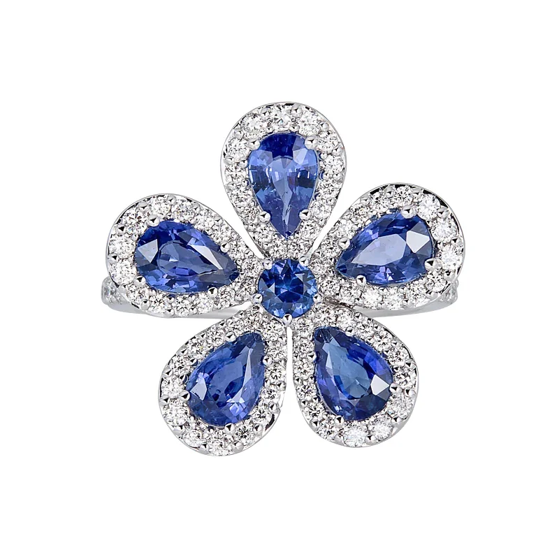 Women's rings twilight-luxe-Classic Flower Ring with Blue Sapphires and Diamonds