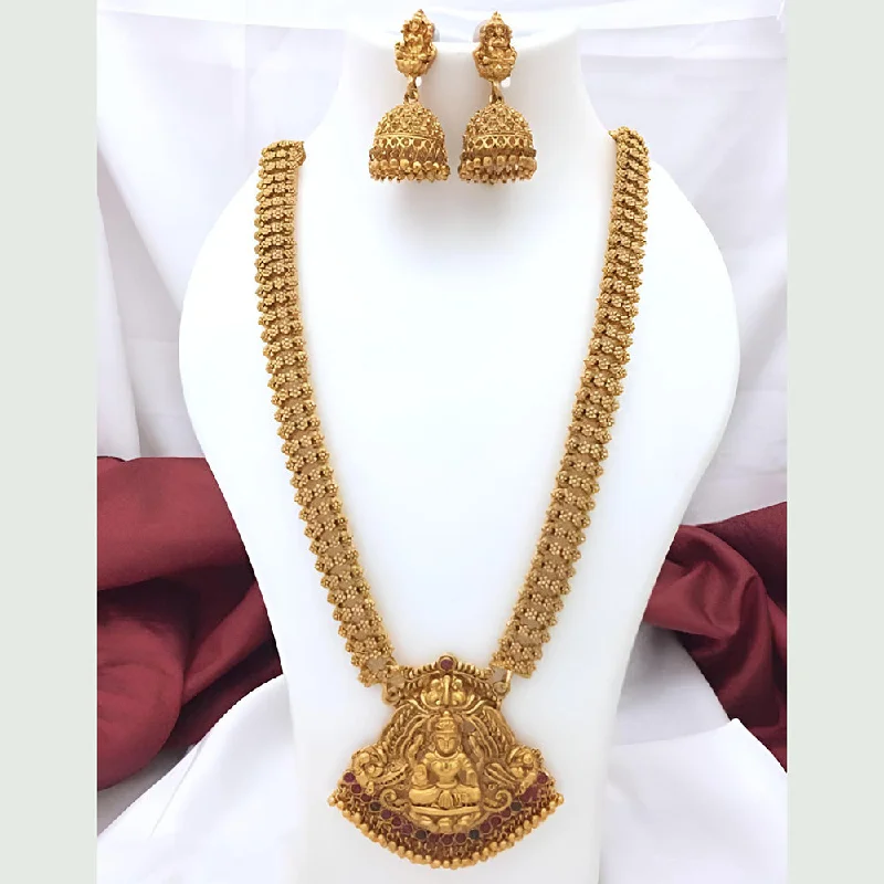 handcrafted necklaces for women -Darshana Jewels Art Matte Gold Plated Pota Stone Temple Long Necklace Set