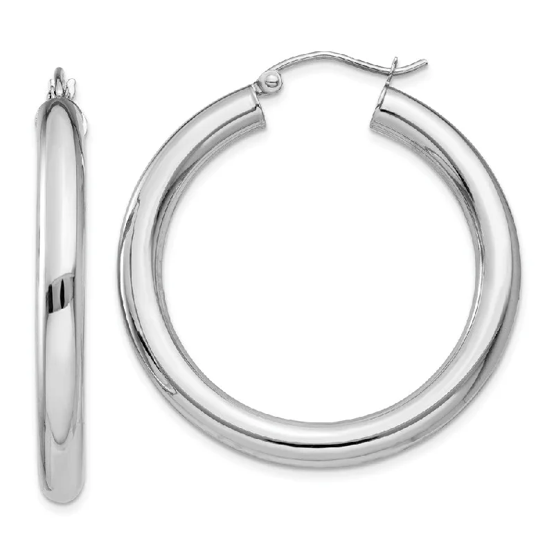 silver huggie earrings for women -4mm x 35mm 14k White Gold Classic Round Hoop Earrings