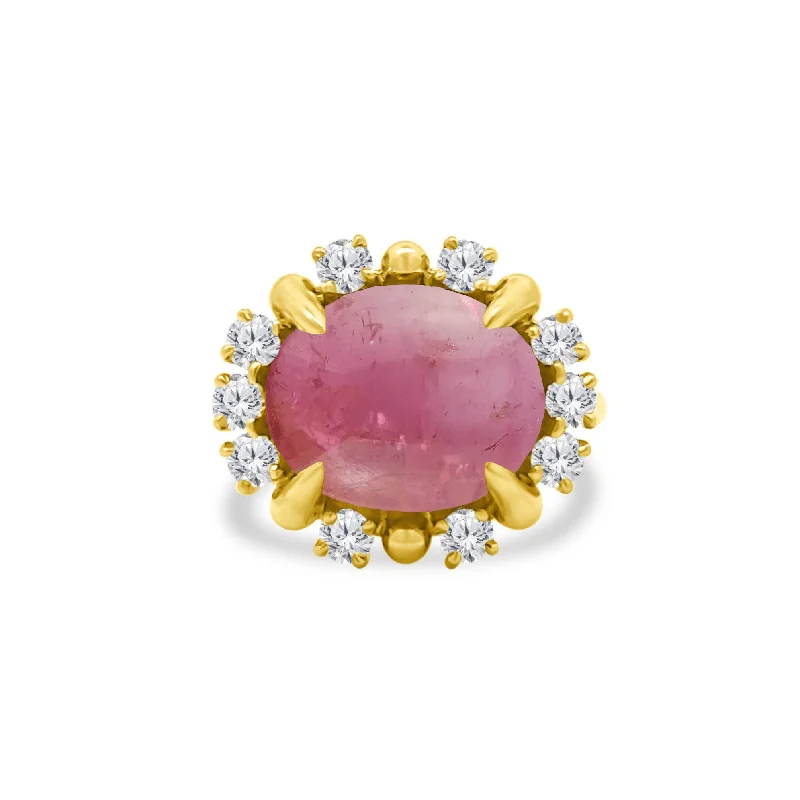 Women's rings robust-alloy-Cabochon Pink Tourmaline & Diamond Halo Ring