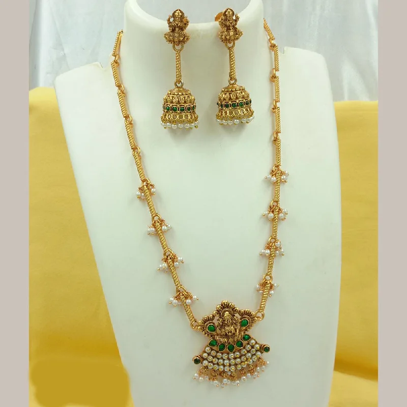 silver necklaces for women -FS Collection Gold Plated Pearls Temple Long Necklace Set