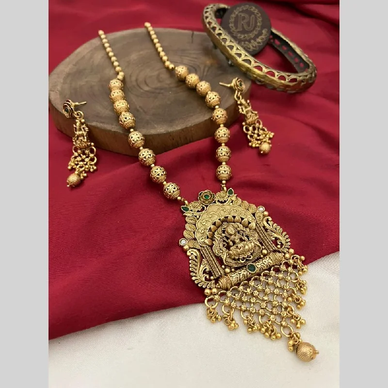 luxury necklaces for women -FS Collection Gold Plated Pota Stone And Pearls Temple Long Necklace Set