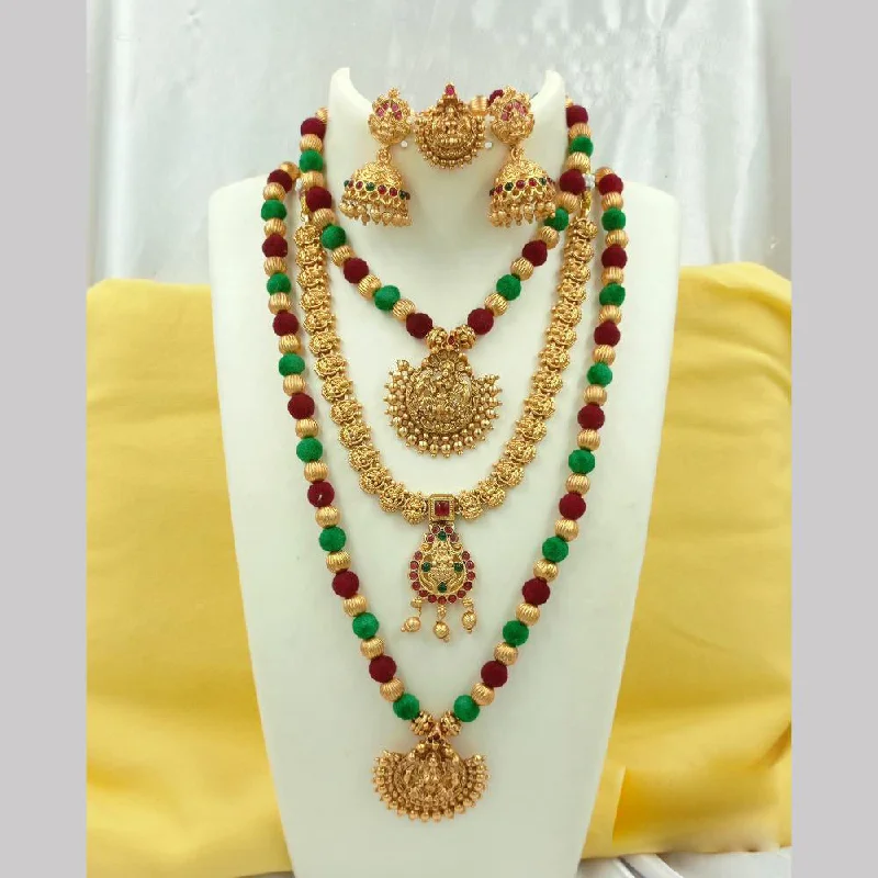 stylish necklaces for women -Joyful Jewel Art Matte Gold Plated Pota Stone Temple Long Necklace Combo