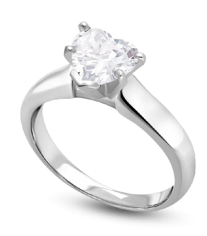 floral engagement rings for women -Signature Certificate 1 CTW Heart Shape Diamond Solitaire Engagement Ring in 14KT White Gold