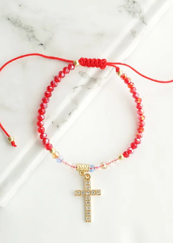 chain bracelets for women -Red Bead Bracelet with Cross