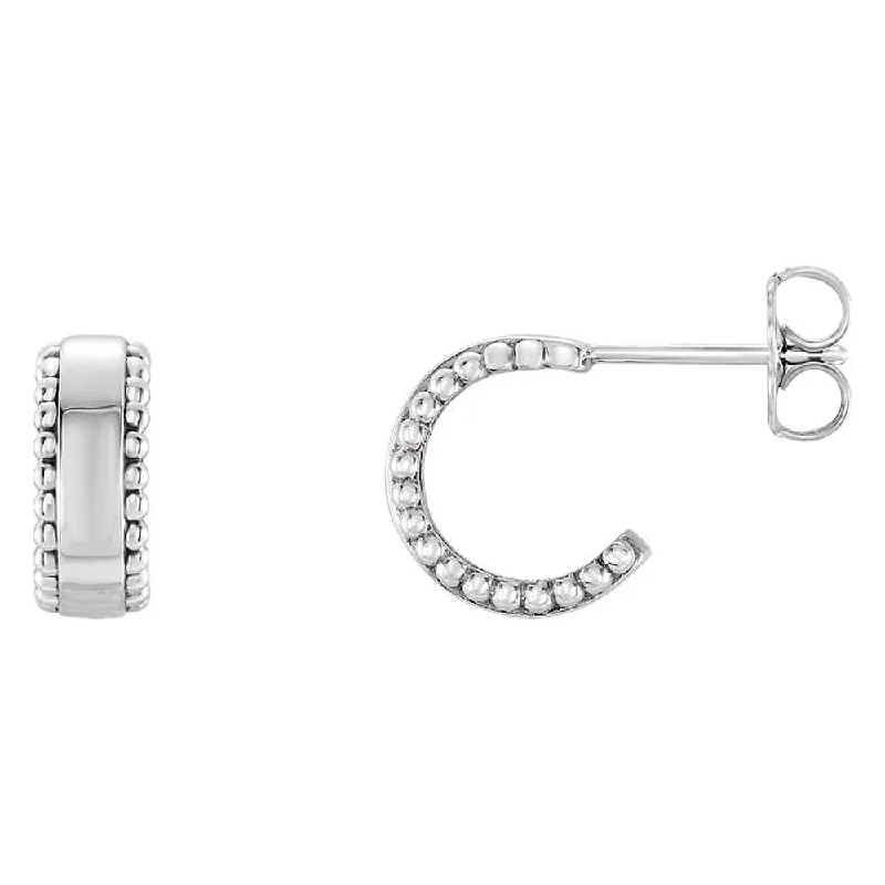 silver dangle earrings for women -4mm x 10mm (3/8 Inch) 14k White Gold Small Beaded J-Hoop Earrings