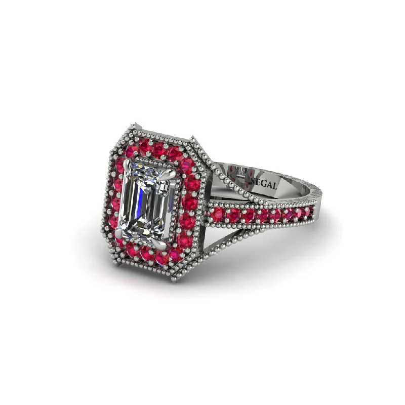 silver engagement rings for women -Emerald Cut Ruby Milgrain Halo Engagement Ring - Xanthe No. 48