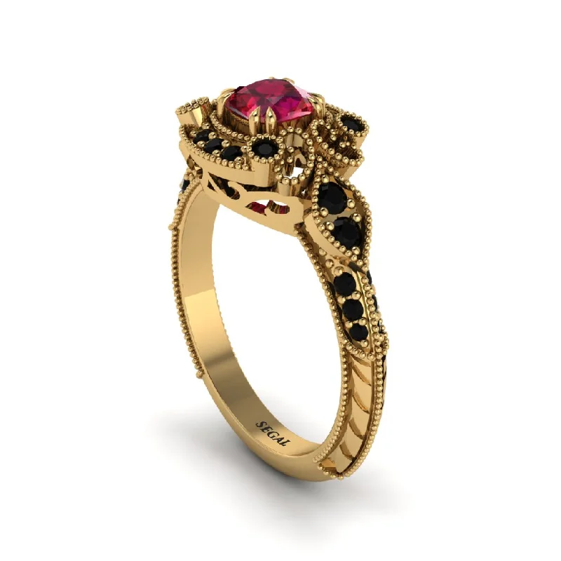 round cut engagement rings for women -Ruby Vintage Filigree Cushion Cut Engagement Ring - Elaina No. 40