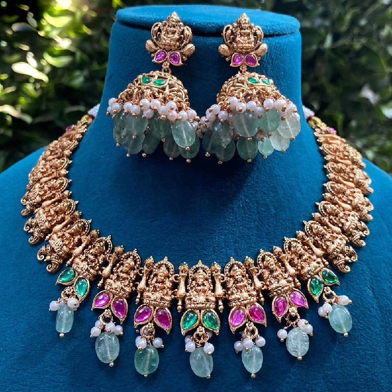 aesthetic choker necklaces for women -Royal Kundan Jewellery Gold Plated Pota Stone And Beads Temple Necklace Set