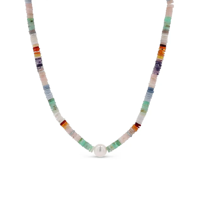 rose gold dainty necklaces for women -Multi-color Opal Heishi Necklace with Pearl & 2 Pave Diamond Rondelles - 16"  N0002996