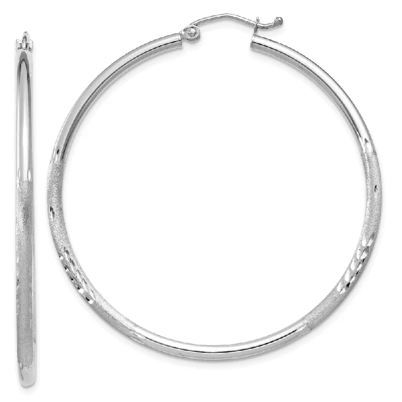 thin hoop earrings for women -2mm x 45mm 14k White Gold Satin & Diamond-Cut Round Hoop Earrings