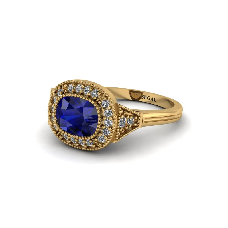 custom engagement rings for women -Cushion Cut Sapphire Milgrain Halo Engagement Ring - Blake No. 13