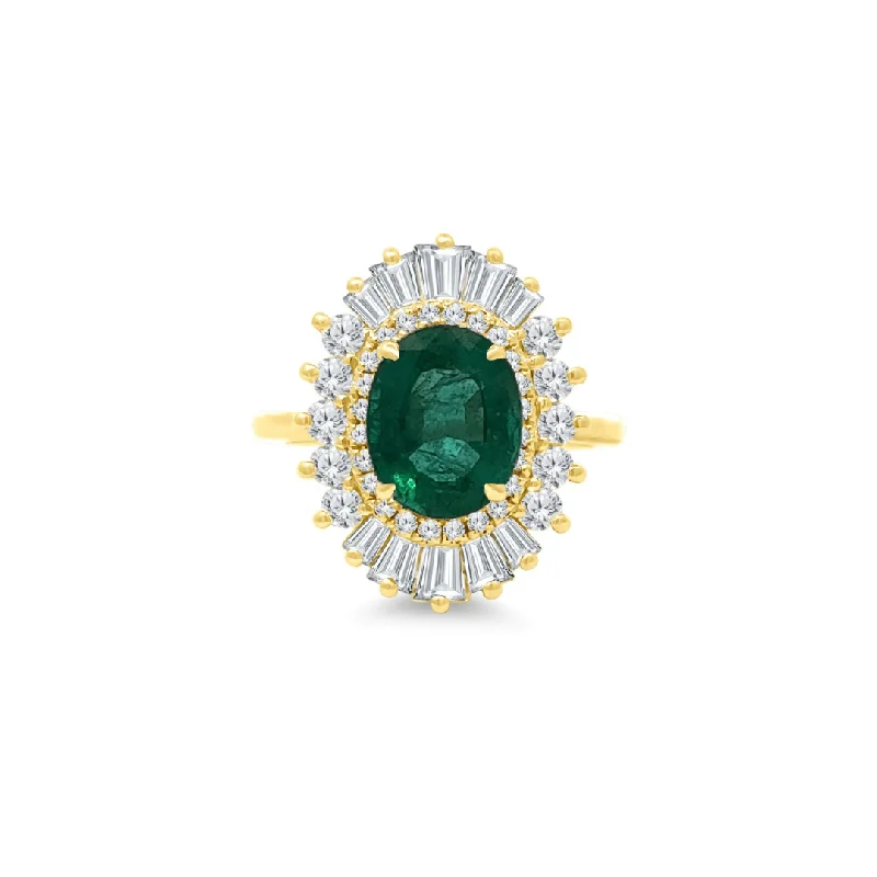 Women's rings vivid-tourmaline-Oval Cut Emerald with Sunburst Halo