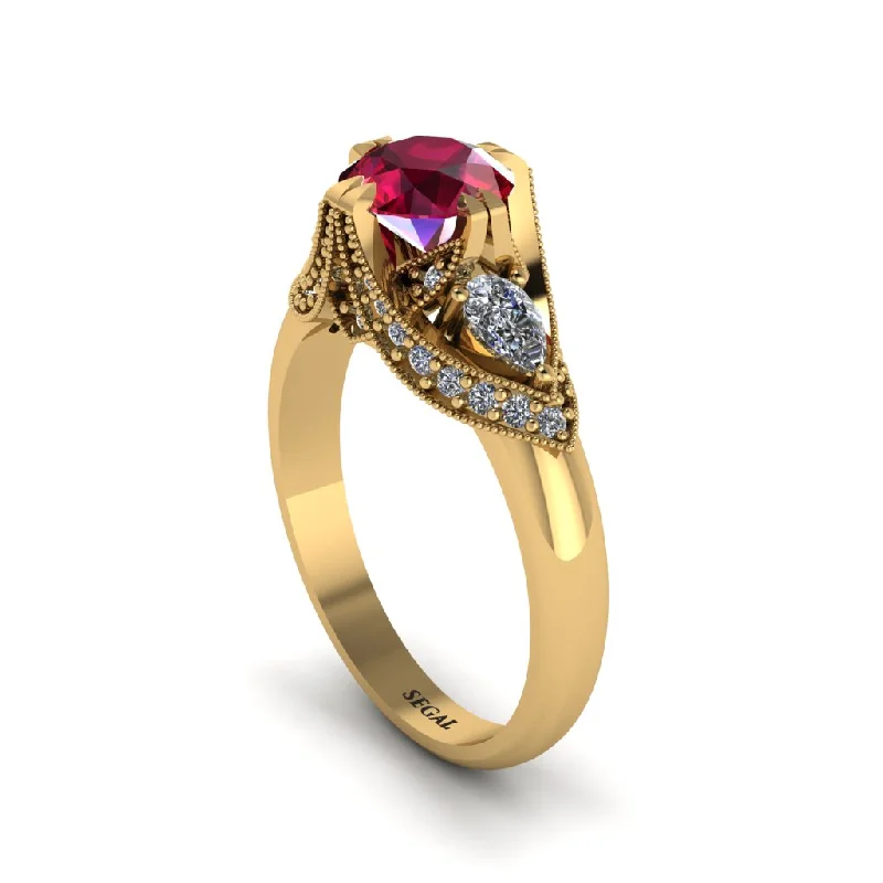 three-stone engagement rings for women -Ruby Vintage Round Cut Engagement Ring - Kali No. 10