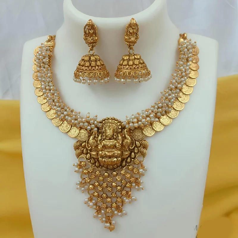 everyday wear necklaces for women -Joyful Jewel Art Matte Gold Plated Pearls Temple Necklace Set