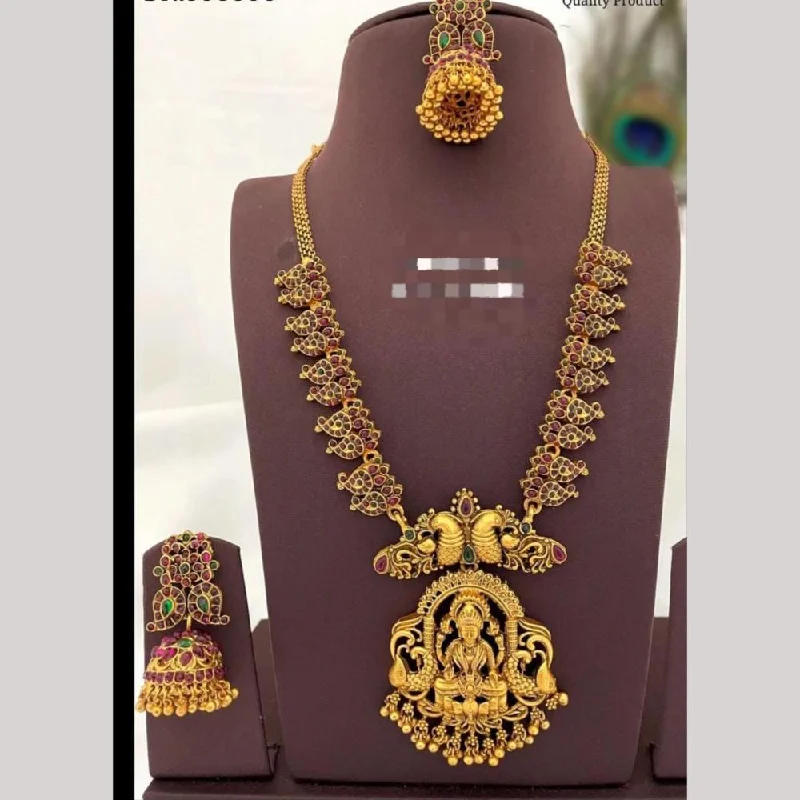 elegant pearl necklaces for women -FS Collection Gold Plated Pota Stone Temple And Pearls Long Necklace Set