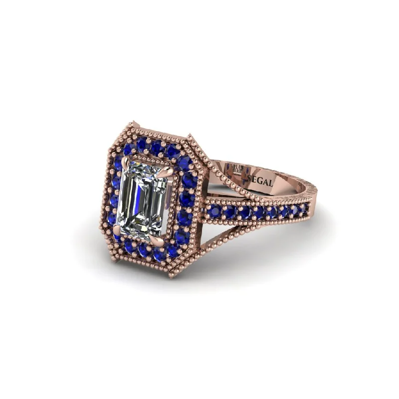 handmade engagement rings for women -Emerald Cut Sapphire Milgrain Halo Engagement Ring - Xanthe No. 62