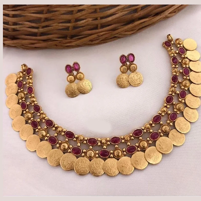 affordable necklaces for women -Lucentarts Jewellery Gold Plated Pota Stone And Temple Necklace Set