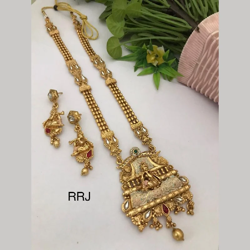 bar necklaces for women -FS Collection Gold Plated Pota Stone Meenakari Temple Long Necklace Set