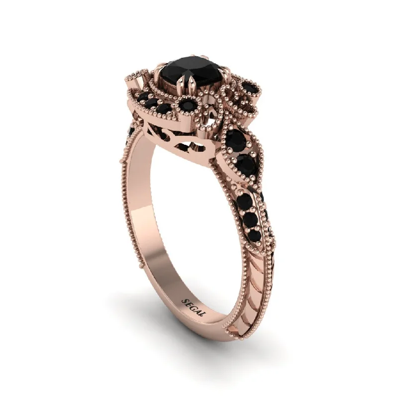 princess cut engagement rings for women -Black Diamond Vintage Filigree Cushion Cut Engagement Ring - Elaina No. 38