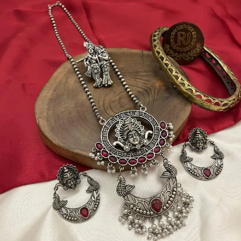 infinity necklaces for women -FS Collection Oxidised Plated Pota Stone Temple Long Necklace Set