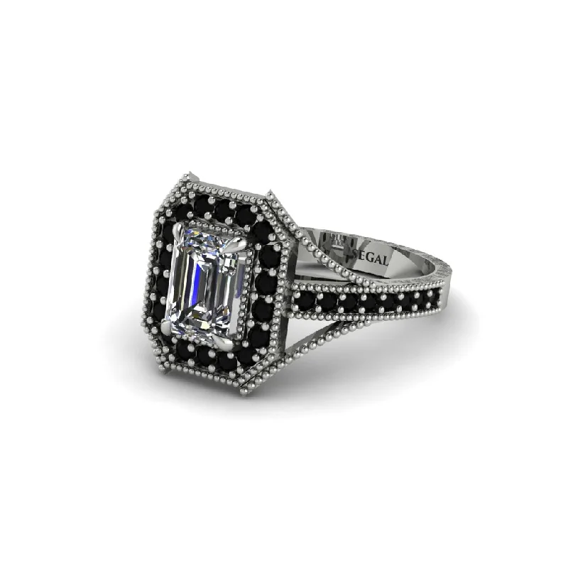 oval halo engagement rings for women -Emerald Cut Black Diamond Milgrain Halo Engagement Ring - Xanthe No. 33