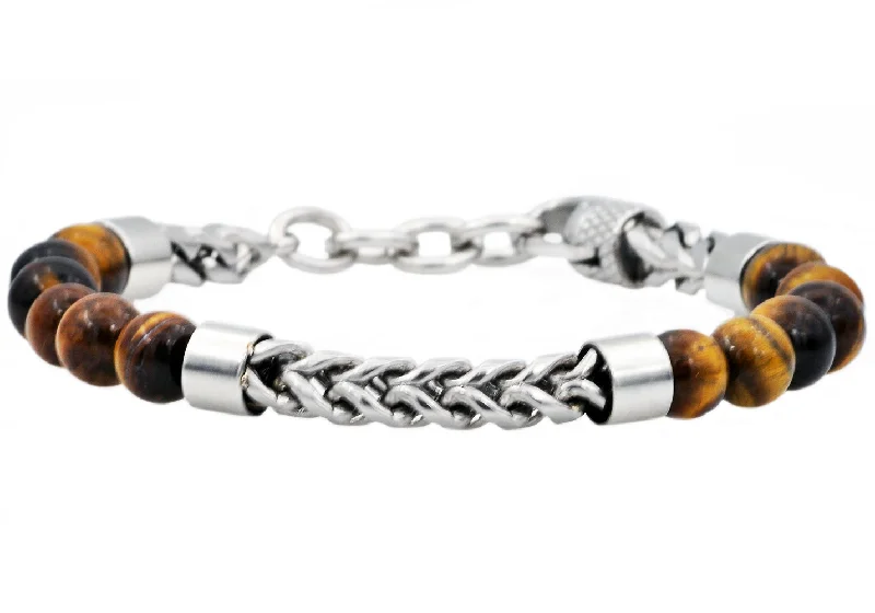 sapphire bracelets for women -Mens Genuine Tiger Eye Stainless Steel Beaded And Franco Link Chain Bracelet With Adjustable Clasp