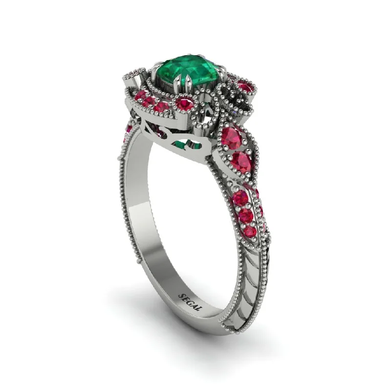 thin band engagement rings for women -Emerald Vintage Filigree Cushion Cut Engagement Ring - Elaina No. 51