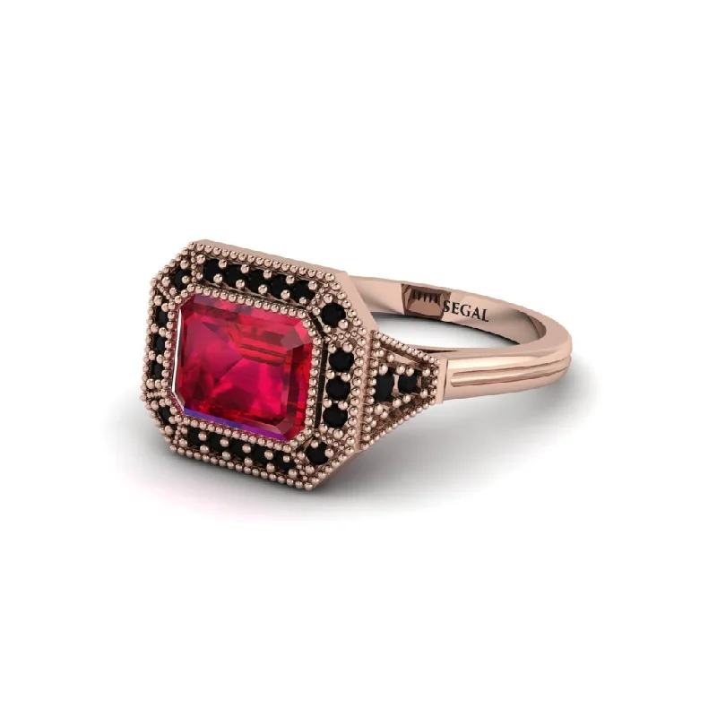 budget-friendly engagement rings for women -Emerald Cut Ruby Milgrain Halo Engagement Ring - Juniper No. 41