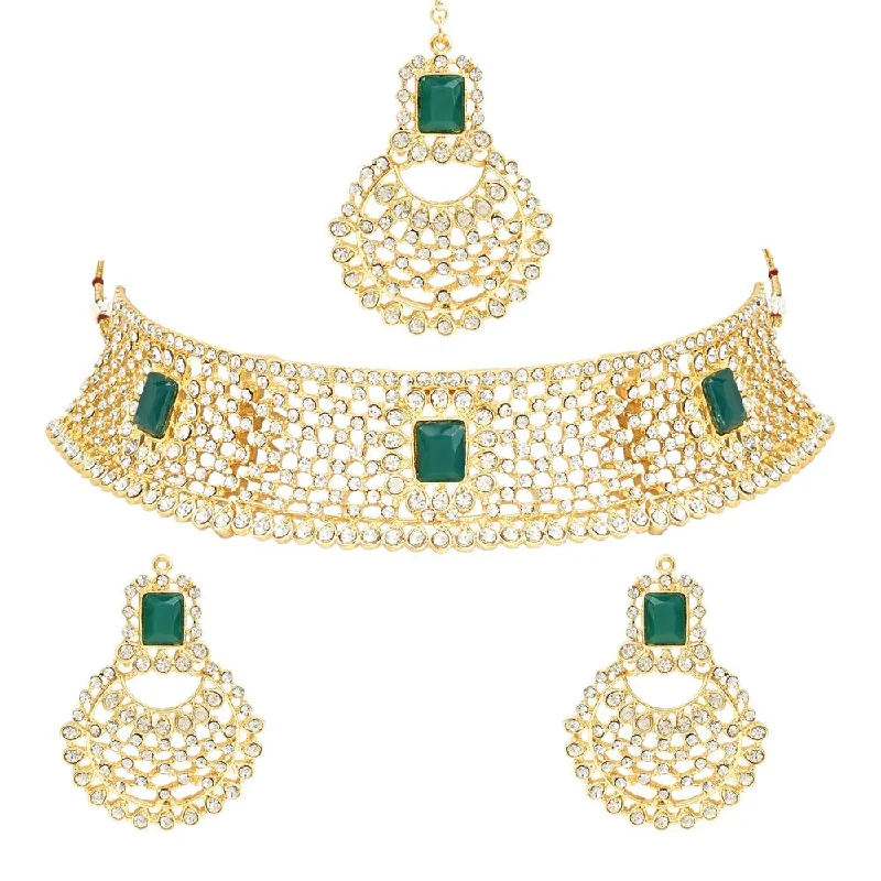 thick chain necklaces for women -Etnico Gold Plated Traditional Design Stone Work Choker Necklace Jewellery Set With Chandbali Earring & Maang Tikka For Women/Girls (M4172WG)