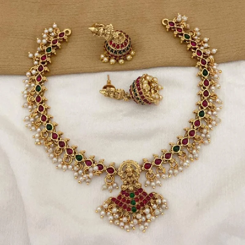 colorful necklaces for women -FS Collection Gold Plated Pota Stone And Pearls Temple Necklace set