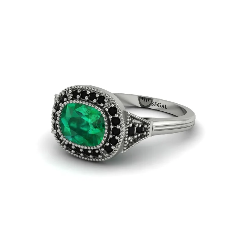 platinum engagement rings for women -Cushion Cut Emerald Milgrain Halo Engagement Ring - Blake No. 36