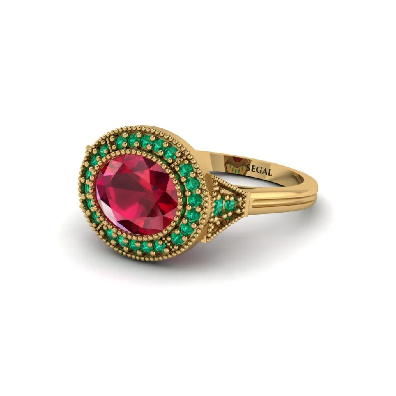 vintage engagement rings for women -Oval Cut Ruby Milgrain Halo Engagement Ring - Alexandria No. 25