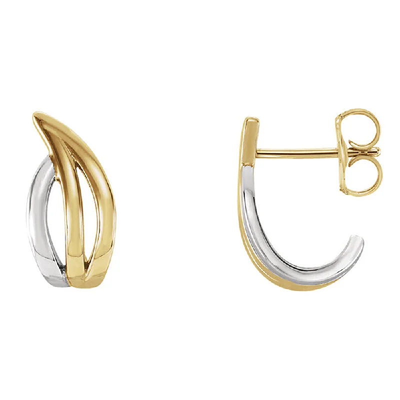 designer fashion earrings for women -5 x 14mm (9/16 Inch) 14k Yellow & White Gold Freeform J-Hoop Earrings