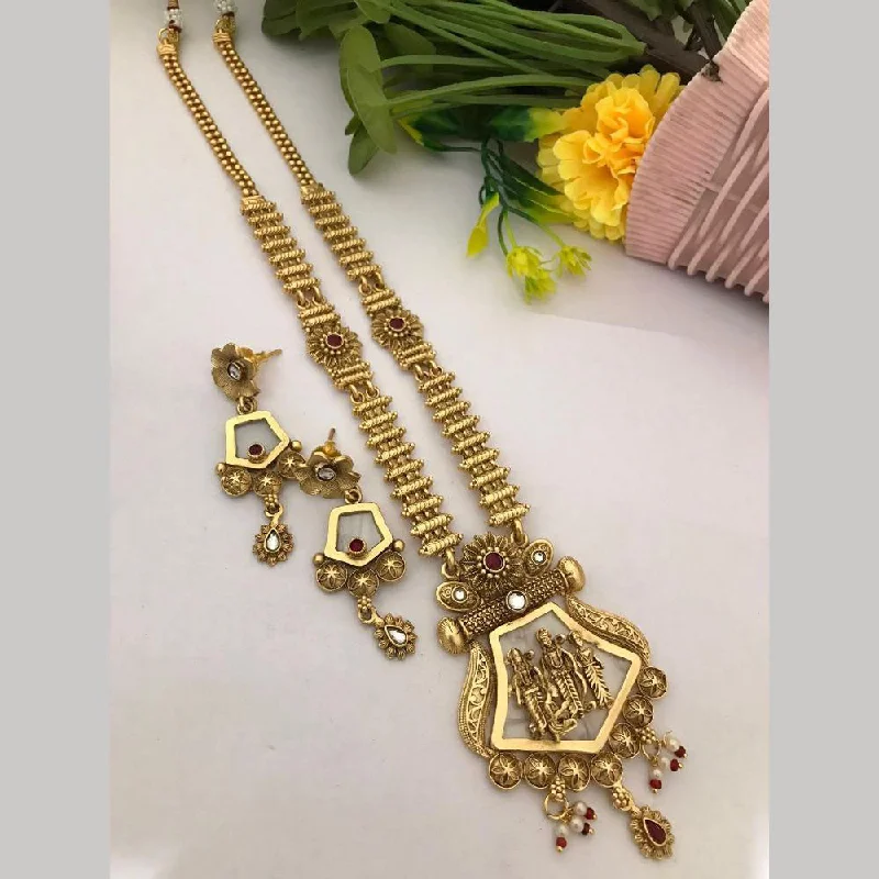 choker necklaces for women -FS Collection Gold Plated Pota Stone Temple Long Necklace Set