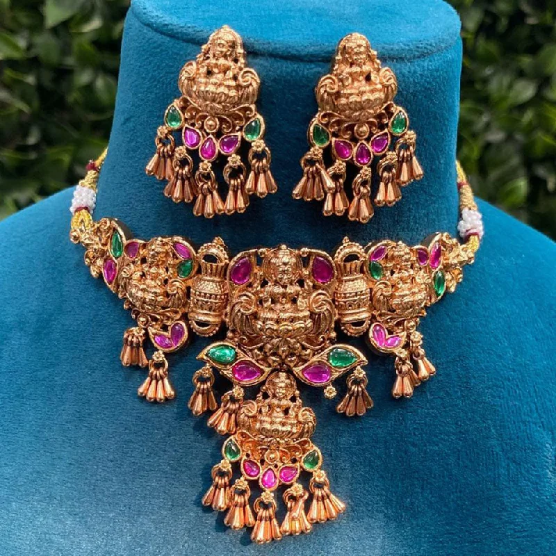 heart necklaces for women -Royal Kundan Jewellery Rose Gold Plated Pota Stone Temple Necklace Set