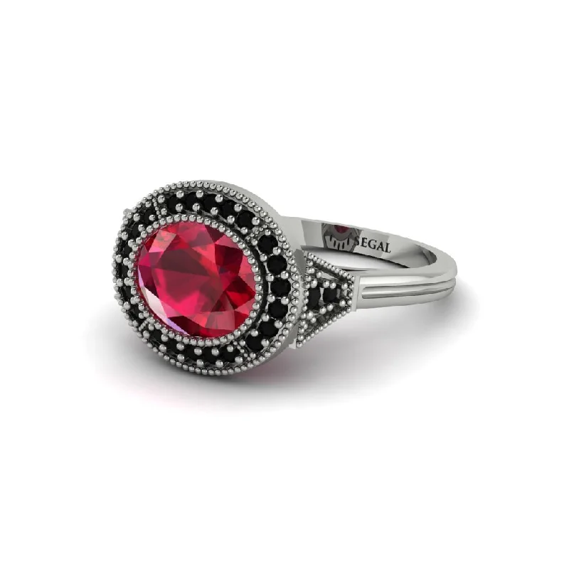 stunning engagement rings for women -Oval Cut Ruby Milgrain Halo Engagement Ring - Alexandria No. 42