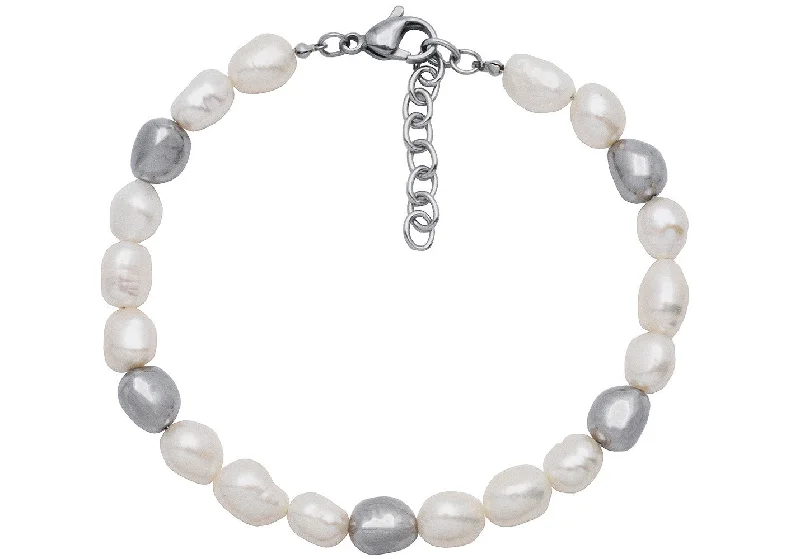 trendy bangles for women -Mens 6MM Baroque Pearl Stainless Steel Bracelet