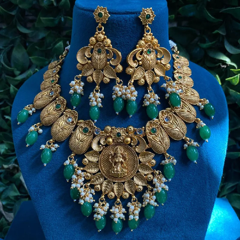 delicate gold necklaces for women -Royal Kundan Jewellery Gold Plated Pota Stone And Beads Temple Necklace Set