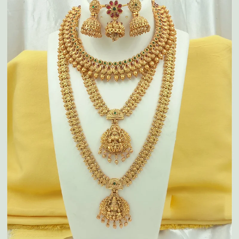 diamond necklaces for women -Joyful Jewel Art Matte Gold Plated Pota Stone Temple Long Necklace Combo