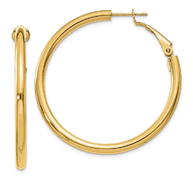 dainty earrings for women -3mm, 14k Yellow Gold Omega Back Round Hoop Earrings, 40mm (1 1/2 Inch)