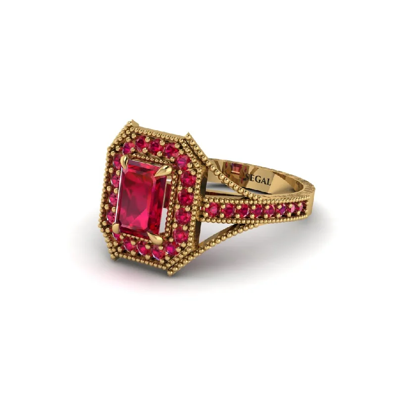 floral engagement rings for women -Emerald Cut Ruby Milgrain Halo Engagement Ring - Xanthe No. 55