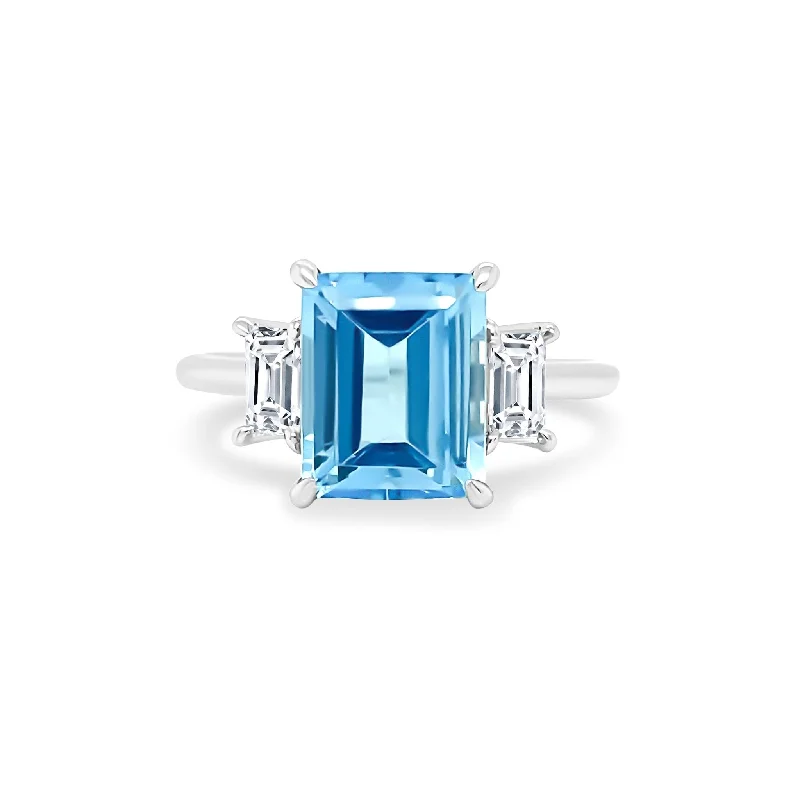 Women's rings ethereal-stone-Emerald Cut Aquamarine with Emerald Cut Diamond Side Stones